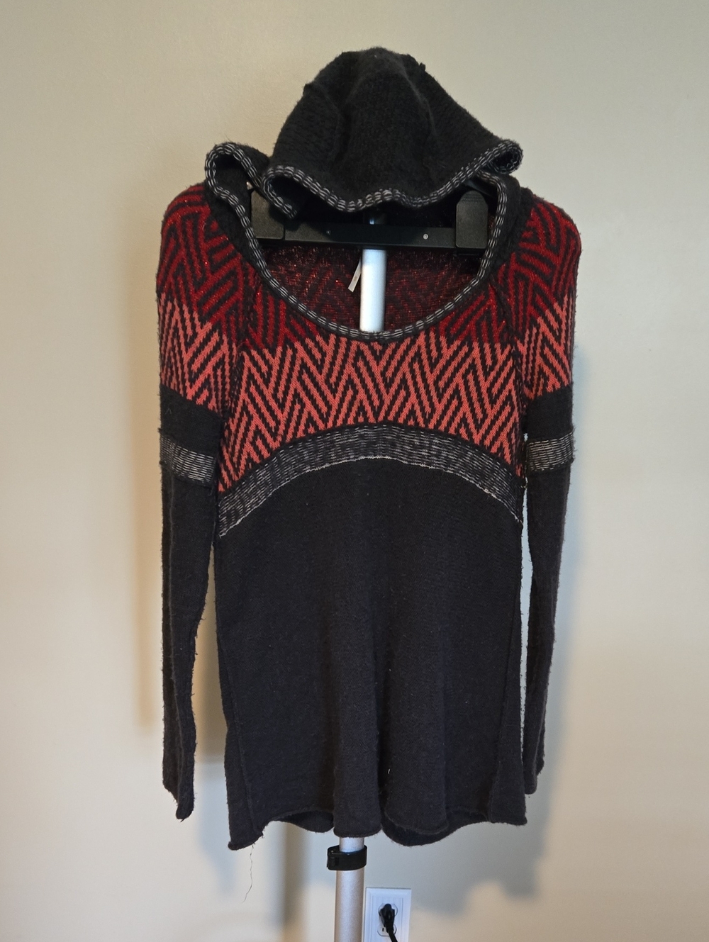 Free People Hooded Knit Sweater in Black and Metalic Red